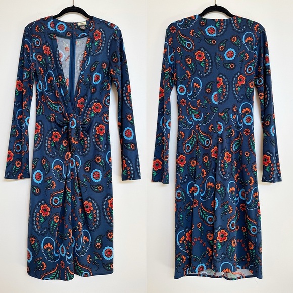 Issa London 100% Silk Plunging Deep V Long Sleeve Paisley Print Dress US 6 - Picture 1 of 8